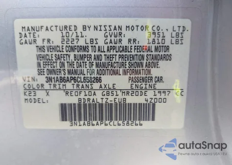 2012 Nissan Sentra 2.0 Sr z USA, uszkodzony, nr VIN 3N1AB6AP6CL658266